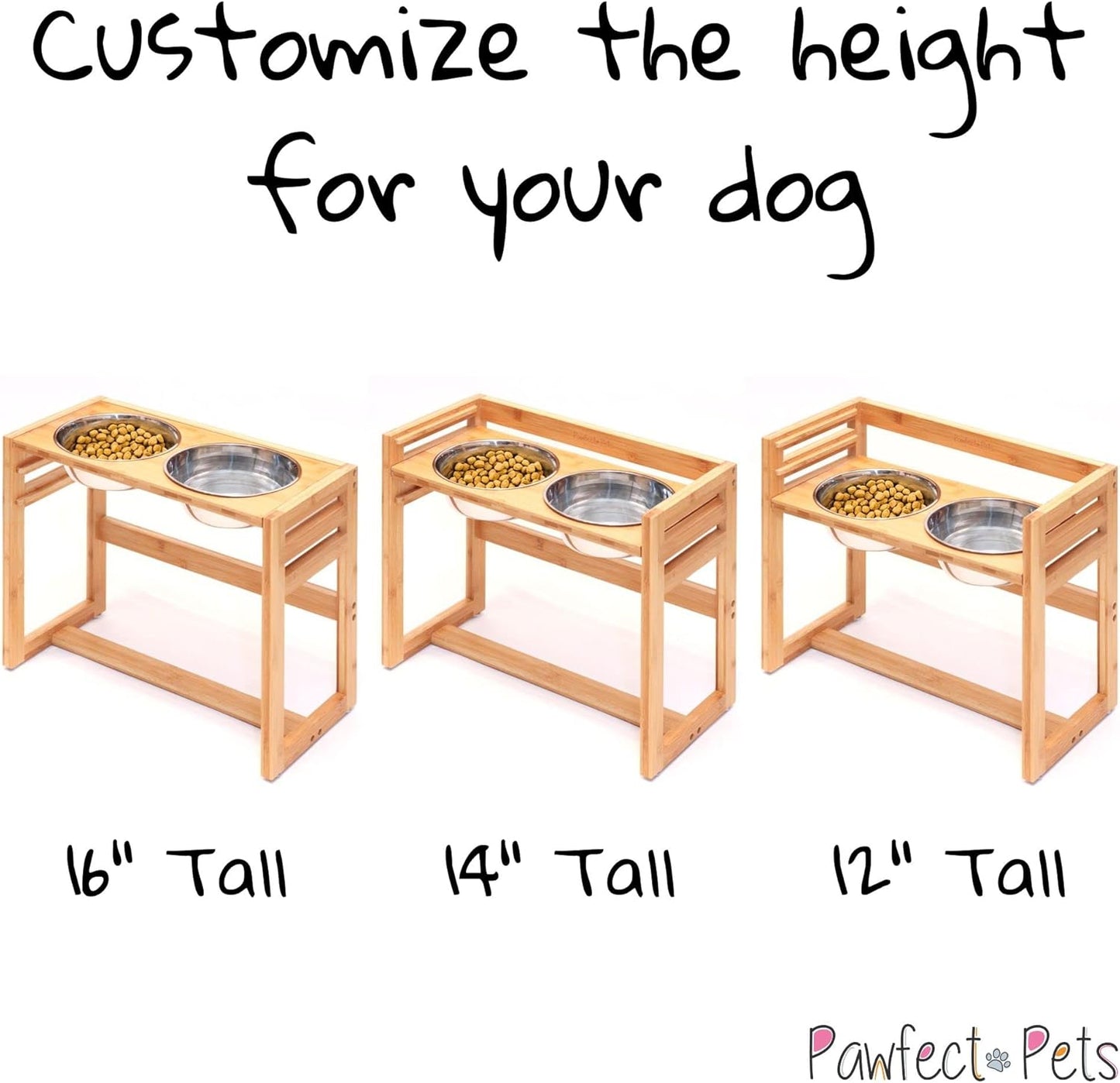 Adjustable Pet Dog Feeder, 12", 14" or 16" Tall Raised Dog Bowl Stand, Comes with Four Stainless Steel Dog Bowls