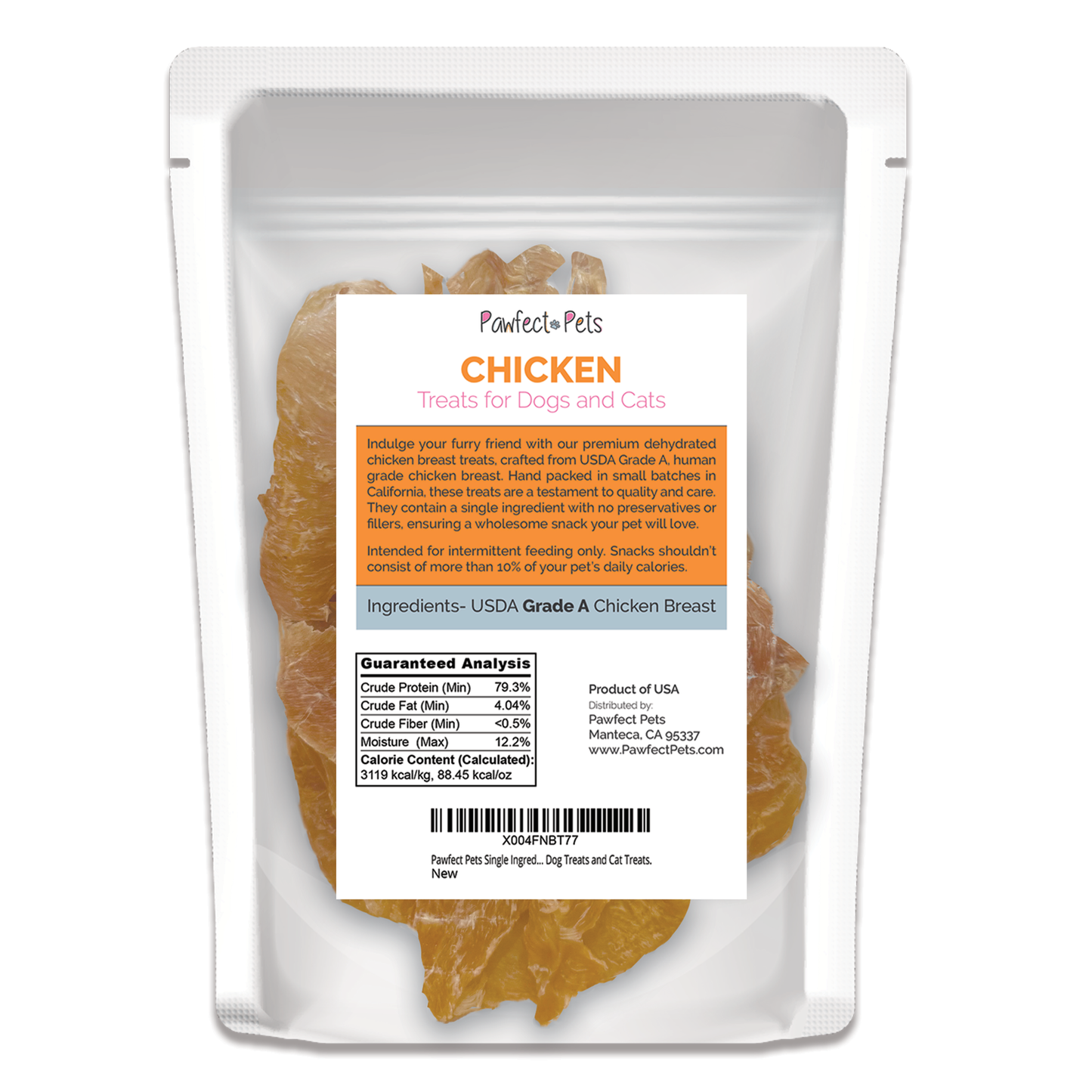 Single Ingredient Dehydrated Chicken Breast Treats for Dogs and Cats, 6oz Bag. USA Made, Human Grade Chicken Breast Jerky Dog Treats and Cat Treats.