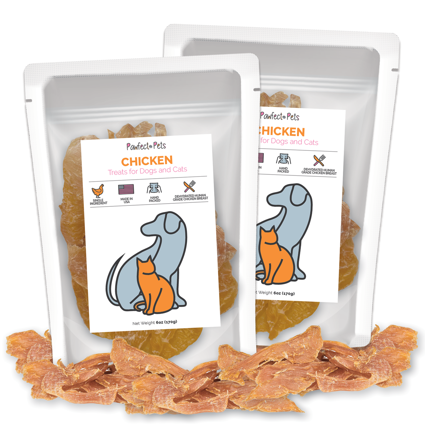 Single Ingredient Dehydrated Chicken Breast Treats for Dogs and Cats, 6oz Bag. USA Made, Human Grade Chicken Breast Jerky Dog Treats and Cat Treats.