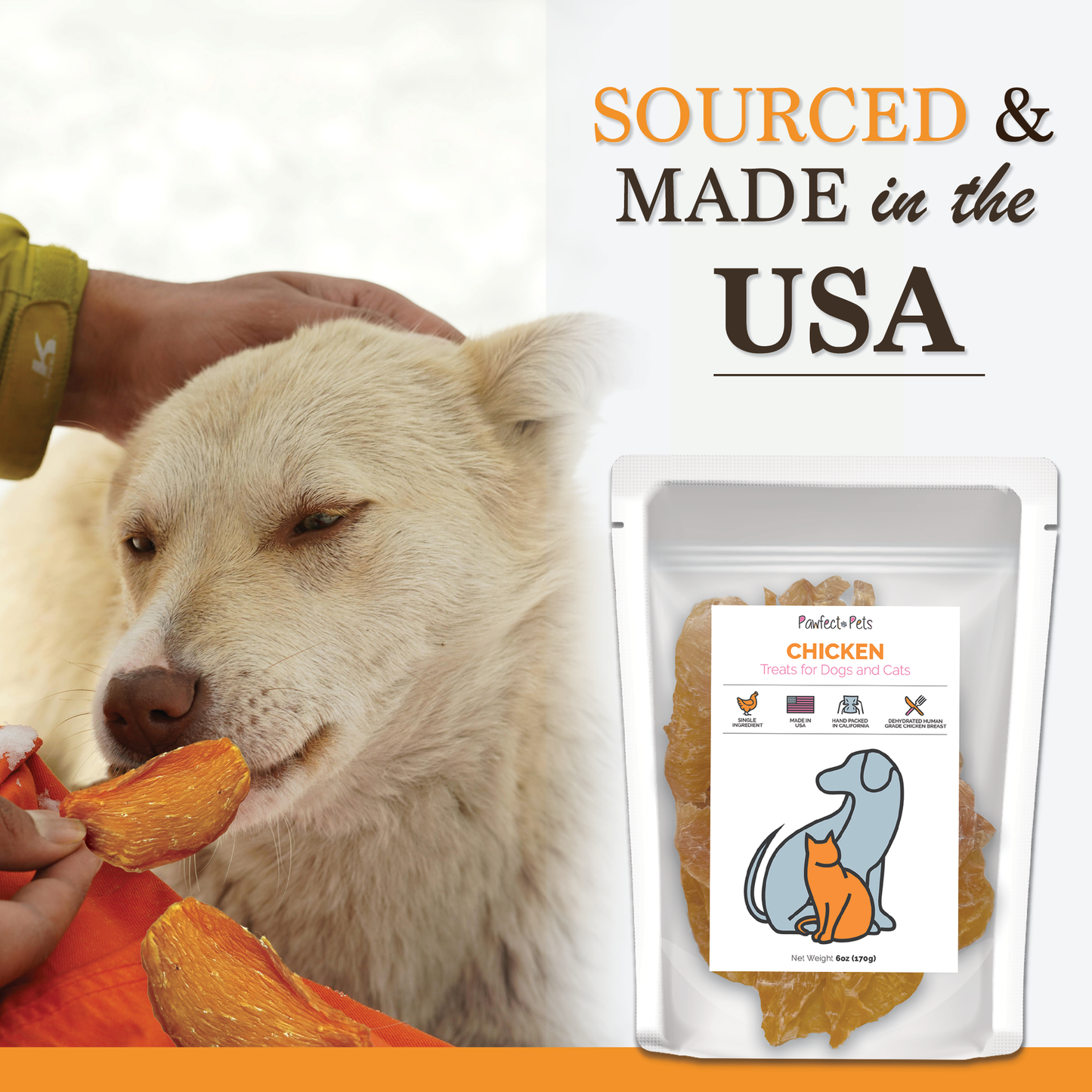 Single Ingredient Dehydrated Chicken Breast Treats for Dogs and Cats, 6oz Bag. USA Made, Human Grade Chicken Breast Jerky Dog Treats and Cat Treats.