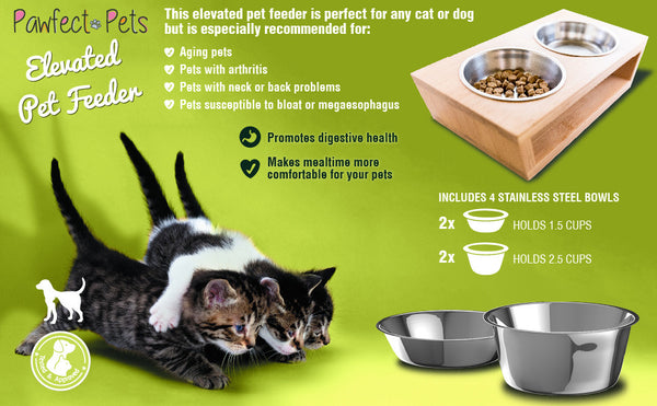 Pawfect Pets Elevated Dog Bowl Stand- 4” Raised Dog Bowl for Small Dogs and Cats. Pet Feeder with Four Stainless Steel Bowls.