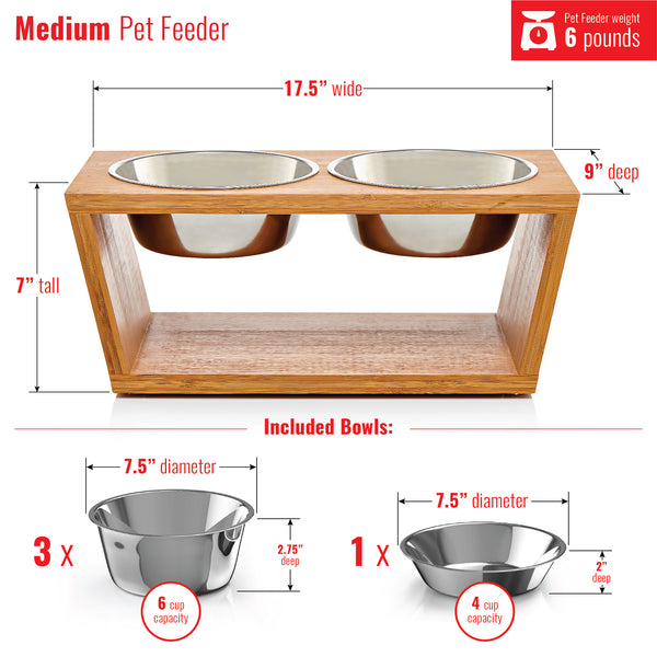 Pawfect Pets Elevated Dog Bowl Stand- 7" Raised Dog Bowl for Medium Dogs. Pet Feeder with  Four Stainless Steel Bowls.